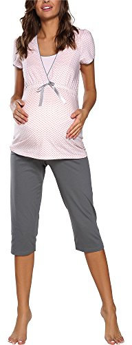 Italian Fashion Pyjama Femme Enceinte | Pyj' Allaitement Coton | Tenue Maternité Accouchement | 2 Pièces avec T-Shirt Manches Courtes & et 3/4 Pantalon | Pyjama Grossesse et Maternité S-XXL