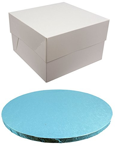 Round Coloured Drum Cake Board and White Transporting Box (10 Inch, Light Blue)