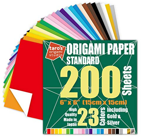 [Taro's Origami Studio] Standard 6 Inch One Sided 23 Colors 200 Sheets Square Easy Fold Premium Japanese Paper for Beginner (Gold and Silver Included)