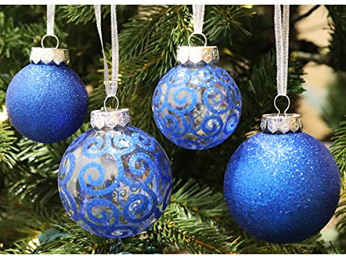 SLEETLY 32pk Christmas Baubles for Tree Holiday Xmas Decorations, Shatterproof Plastic Inch Glitter Bauble Ornaments, Icicles and Snowflakes Set, Blue (DEFECTIVE UNITS)