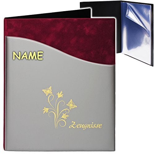 alles-meine.de GmbH A4 - Zeugnismappe/Dokumentenmappe - Zeugnisse Schmetterlinge & Blumen - 3D Samt Velours & Kunst-Leder Effekt - rot/anthrazit - inkl. Name - GEBU..