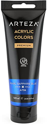 ARTEZA Pintura acrílica brillante, color Azul Zafiro Perlado A147, tubo de 120 ml, pigmento rico, no se decolora, no tóxica, pintura de un solo color para artistas, pintores aficionados y niños