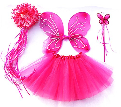 Tante Tina Costume da Farfalla per Bambina - Vestito Farfalla da Bimba in 4 Pezzi: Gonna in Tulle, Ali, Bacchetta e Cerchietto - Fucsia - Indicato per i Bambini da 2 a 8 Anni