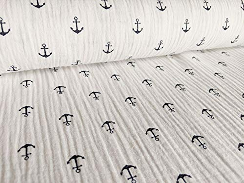 Musselin Baumwollstoff in Weiß mit blauen Ankern als Meterware zum Nähen, 50 cm