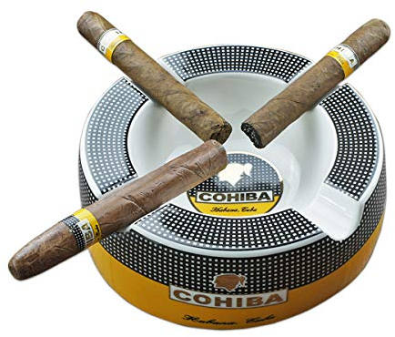 GUEVARA Outdoor Zigarren Aschenbecher, Porzellan, Modern, Weiß, Schwarz, Gelb, Zylindrisch, 20 cm Durchmesser, 6,3 cm Höhe, 900 g, 4 Zigarrenablagen, tiefes Becken
