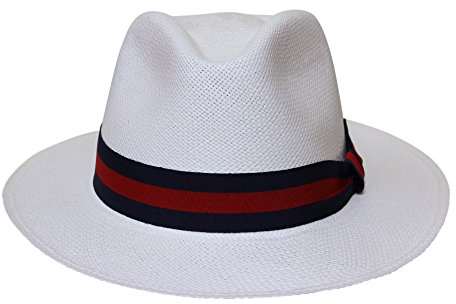 BORGES & SCOTT Sombrero Panamá “Teardrop” - Crema con Cinta Azul y Roja. - 62cm