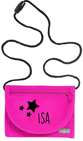 Geldbeutel für Kinder mit Sichtfenster zum Umhängen | Motiv Sterne & Namensdruck | Brustbeutel personalisiert Geldbörse Kindergeldbeutel Kinder Mädchen Jungen mit Klettverschluss (pink)