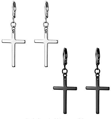 Flongo Mens Womens 4PCS Vintage Stainless Steel Silver Black Cross Dangle Stud Earrings, Religious Christmas Cross Drop Dangle Earrings …