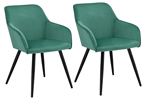 Juskys Esszimmerstühle 2er Set Tarje mit Rückenlehne & Armlehne, Metallbeine, Samt Bezug, bis 110 kg belastbar, 2 Stühle Esszimmer Küche Küchenstühle - grün