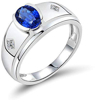 Daesar Herren Ring Hochzeit 18K Weißgold, Bandring mit 1.5ct Oval Saphir Verlobungsring Ring Weißgold mit Diamant Echt Gr.70 (22.3)