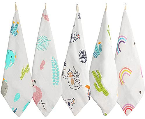 FenFang Muselinas Algodón, 5 Piezas Toallas y Gasas para Bebé, Toalla Facial Infantil Pañuelo Paños de Baño de Muselina para Niños, 30 x 30 cm
