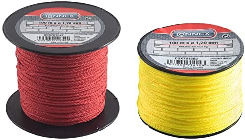 Connex Maurerschnur gelb - 100 m Länge - Ø 1,2 mm - COX781562 & Maurerschnur rot - 100 m Länge - Ø 1,7 mm - Polypropylen geflochten - Knotenfest - Reißfest & Belastbar - COX781547