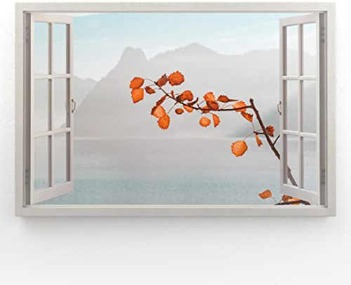 Estika - Leinwand Bilder Fensterblick - Berge, See, Baum - 120x80 cm - 1 teilige Wandbilder, Bild auf Leinwand, Modern Deko für wohnzimmer schlafzimmer - Natur Landschafts bilder - 6006A_1B