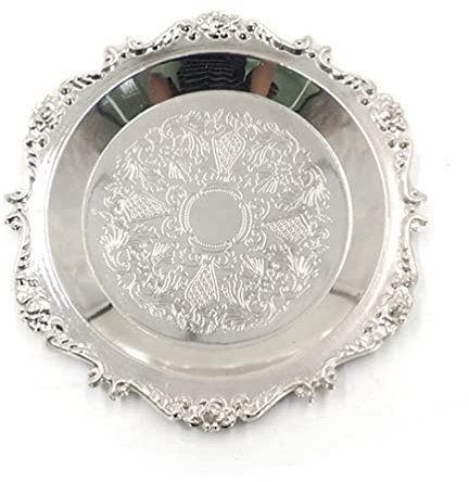 Lot de 2 plateaux de service décoratifs vintage en métal sculpté pour vaisselle, bijoux, cosmétiques, bibelots, bougies, serviettes (argent)