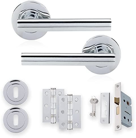 XFORT Polished Chrome Liberty Lever On Rose Lock Pack, Complete Set with T-Bar Door Handles, 65mm Sashlock, 75mm Ball Bearing Hinges and Escutcheons, for Wooden Doors Requiring Key Locking Security.