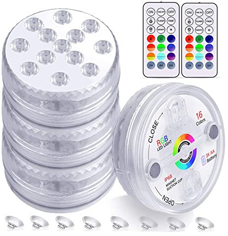 Submersible LED Lights with RF Remote, 4Pcs Hot Tub Accessories, Pond Lights 16 Color Changing, with Magnets, Suction Cups, Battery Operated for Vase Base, Party, Swimming Pool Decorations