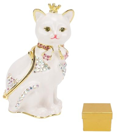 Schmuckkästchen Aus Emaille, Schmuckkästchen Mit Katze, Weiße Katze, Aufklappbar, Schmuckschatulle, Schmuckkästchen Mit Kristallen, Ringhalter, Süße Handbemalte, Emaillierte Katzenfigur Zum Sammeln