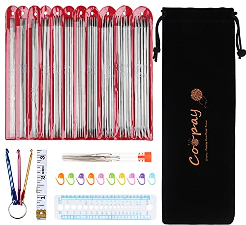Coopay Stricknadeln Set - 55 Stück Edelstahl Doppelspitzen mit Zubehör und Aufbewahrungstasche, 2,0-6,5 mm Metall Nadelspiel Set, 20 cm Kurze Gerade für Socken
