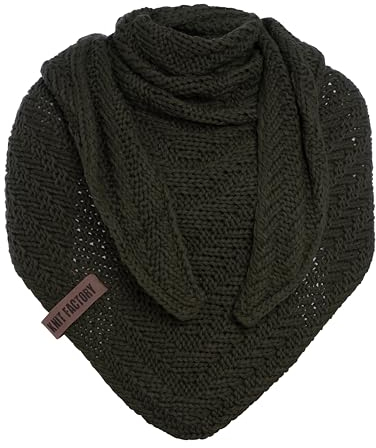 Knit Factory - Dreiecksschal Sally - Damen Strickschal mit Wolle - Grob gestrickten Schal - Hochwertige Qualität - XXL Schal - 220x85 cm - Khaki