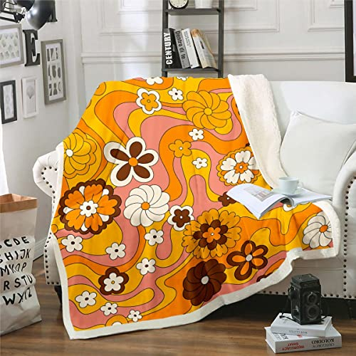 Groovy Stil Decke Werfen 130x150,Vintage 60Er 70Er Jahre Blume Doodle Fleece Decke für Jugendliche Mädchen Frauen,Cartoon Daisy Fuzzy Decke,Funky Regenbogen Blumen Swirl Abstrakte Sherpa Decke