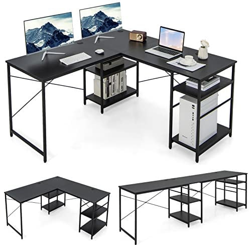 COSTWAY L-Shaped Computer Desk, 242cm Reversible Double Study Writing Workstation for 2 Person, Large Long Corner Home Office Desk Wooden PC Laptop Gaming Table with Storage Shelves (Black)