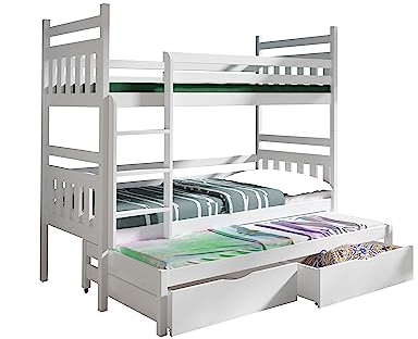 KEF Lena Etagenbett Kinder 80x160 cm - Etagenbett 3 Personen - Holz Kinderbett - für DREI Kinder - mit Schubladen - Ausziehbares Drittes Bett - ohne Matratze - Weiß