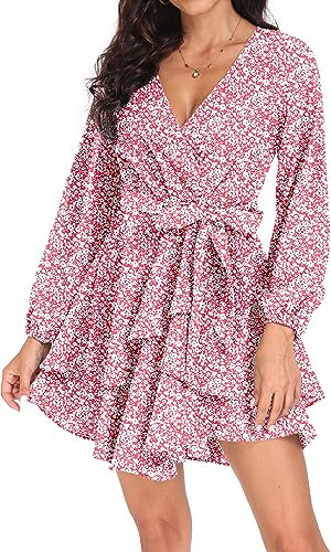 PCEAIIH Robe de cocktail à manches longues pour femme - Robe patineuse Empire - Col en V profond - Taille cravate - Mini robe swing, C8 rose pâle, L