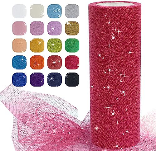 Uiopa Tulle Rose Rouge, 15cm x 22,8m Rouleau de Tulle Pailleté en Polyester Maille Tissu pour Tutu Jupe, Deco Mariage/Fête, Deco Chaise Mariage, Noeud Cadeau, Artisanat DIY