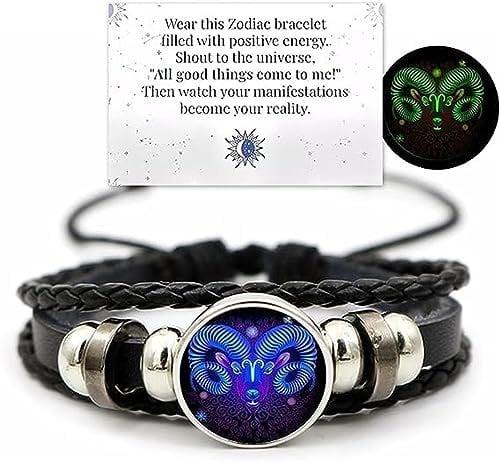Ashopfun Zodiac Signs Spirit Bracelet,Handmade Woven Multilayer Adjustable 12 Constellation Zodiac PU Leather Bracelets Unisex,Glow in the Dark Zodiac Jewelry Gifts For Women Men (Aries)