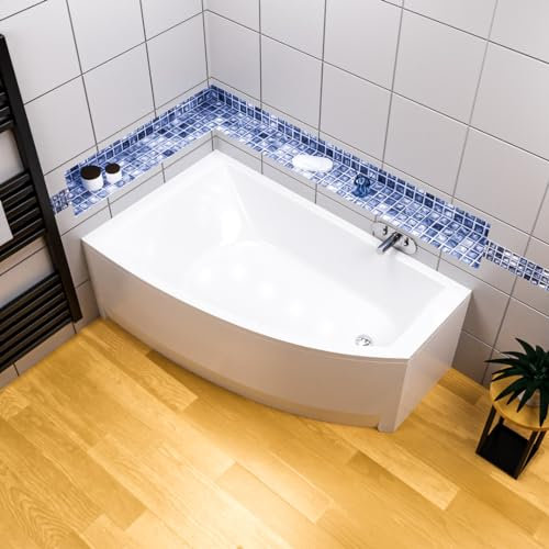 ECOLAM® Eckbadewanne Badewanne Acrylwanne HELA 150x90 cm LINKS Acryl Sanitäracryl + Acrylschürze + Ablaufgarnitur Ab- und Überlauf Automatik Füße Silikon pflegeleicht Qualitätswanne