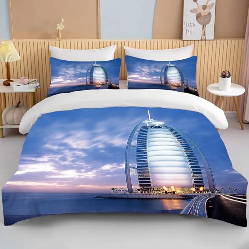 Bettbezug Set 135x200cm Arabische Festung Bettwäsche Set Dubai VAE-Architektur Kinder 3 Teilig Mikrofaser 3D Motiv Luxus Modern Bettdeckenbezug Mit Reißverschluss und 2 Kissenbezug 80x80cm