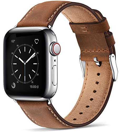 WFEAGL compatible con Apple Watch 44mm 45mm 49mm 46mm 42mm (Serie 3 2 1), correa de piel auténtica de repuesto para iWatch Serie 10, 9, 8, 7, 6, 5, 4, 3, 2, 1/SE/Ultra(rojo marrón/plata)