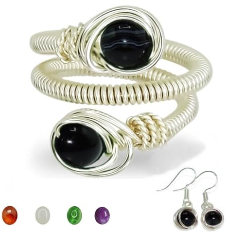 Anelli Donna Pietra Naturale Agata Anello Regolabile Regalo in Omaggio Orecchini (Nero)