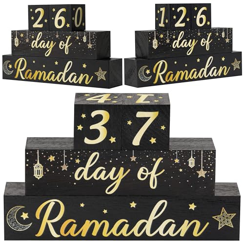 WATINC Ramadan Mubarak Party Dekorationen Kalender Block Tischdekoration Ramadan Kareem Advent hölzerner Tafelaufsatz Dekorationen Schwarzes Gold gestaffeltes Tablett Schilder Partyzubehör