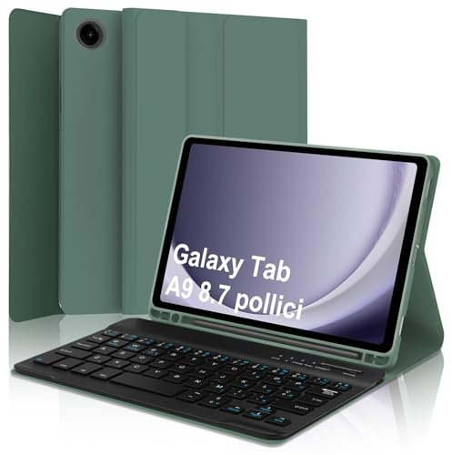 WINCHKING Tastiera per Samsung Galaxy Tab A9 8.7, Cover Galaxy Tab A9 con Tastiera, Italiano Bluetooth Rimovibile Keyboard per Samsung Tablet a9 2023 8.7 Pollici, Verde scuro