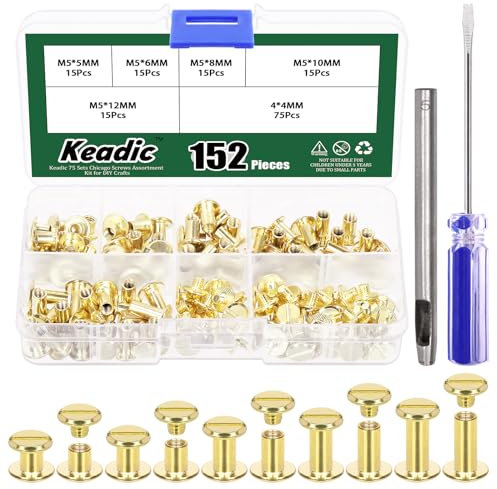 Keadic 152Pcs 5 Sizes Chicago Screws Assortment Set with Setting Tool, M5 x 5/6/8/10/12mm Flat Head Leather Rivets, Bookbinding Posts Nail Studs for Purse Collar Belt Shoes DIY (Gold)