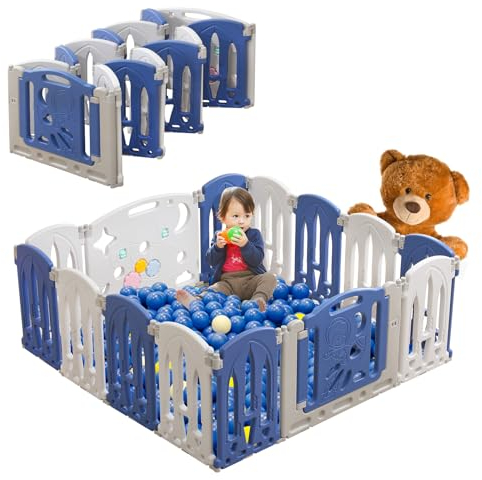 LILIIN Laufstall Baby Laufgitter aus Kunststoff, Faltbar Krabbelgitter mit Tür und Spielzeugboard 12+2 Paneele Absperrgitter, für Kinder, Hunde(14 Stück, Blau+Weiß)