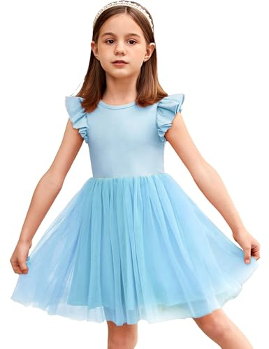 Arshiner Robe de Princesse en Tulle à Manches Volantes - Robe de Fête Tutu en Coton pour Enfants, Soirée, Mariage, Anniversaire 2-7 Ans