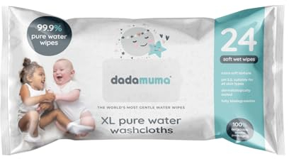 Dadamuma - 99.9% Pure Water XL Washcloths (Pack x 24 wipes), Natural Ingredients, Large Body Wipe, Dermatologically Tested, Plastic-Free, Biodegradable, Rinse Free. Ideal for Camping, Post-surgery