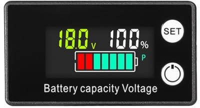 DeWin Moniteur de Batterie, Moniteur de Capacité de Batterie Voltmètre 12V 24V 36V 48V 60V 72V LCD Niveau de Batterie Tension Mètre avec Alarme pour Voitures Bateaux DC 8V-100V
