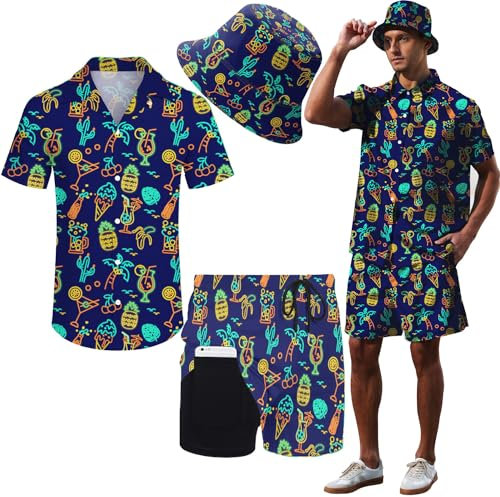Hawaiianische Herren-Outfits, 2-teilig, Rave-Enten-Shirts, Shorts, Outfits, tropisches Set mit Hut, Trippy Neon Party + Mütze, Small