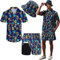 Hawaiianische Herren-Outfits, 2-teilig, Rave-Hemden, Shorts, tropisches Set mit Hut, Trippy Neon Party + Mütze, Small