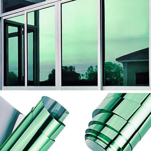 QOQIDUN One Way Window Film Heat Reflective Privacy Self Adhesive for Glass Windows, Anti Glare UV Sun Blocker Mirror Window Tint Film for Home and Office (Green-Silver, 40x200cm)