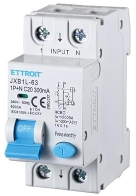 ETTROIT INTERRUTTORI MAGNETOTERMICI DIFFERENZIALI SALVAVITA PER BARRA DIN 2 MODULI 1P+N 240V 300mA 6KA (20A)