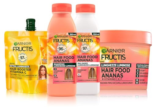 Garnier Fructis Routine Extra Luminosità, Con Shampoo, Balsamo, Maschera e Hair Booster, Per Capelli Lunghi e Spenti, Con Vitamina C, Luminosità per 72H, Penetra in Profondità, Hair Food Ananas