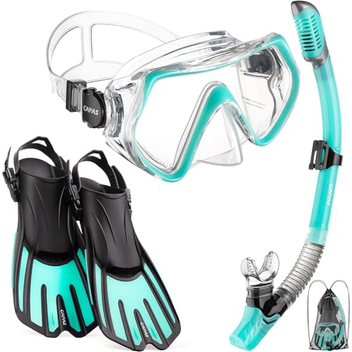CAPAS Schnorchelset mit Flossen, Schnorchelausrüstung in Reisegröße für Erwachsene mit kurzen verstellbaren Schwimmflossen, Hochresistente Tauchermaske und Dry Top Schnorchel, mit Tragetasche