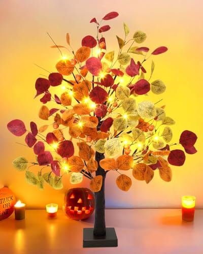 obbsie Eucalyptus artificiel lumineux de 61 cm avec minuterie, arbre d'automne artificiel à 24 DEL avec lumières à piles, arbre de table d'automne, cheminée d'intérieur, récolte d'automne, décoration