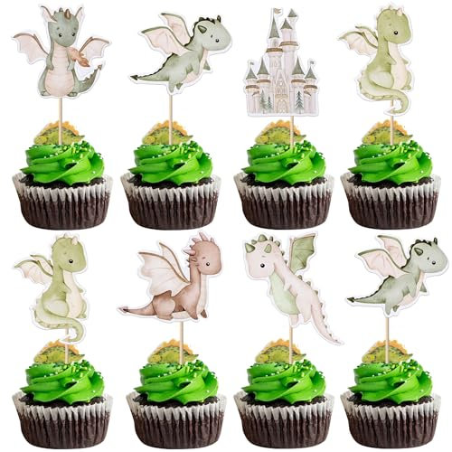 Xsstarmi 36 Pack Dragon Cupcake Toppers Double Sided Cartoon Castle Baby Dragon Cupcake Picks Decoration for Dragon Theme Baby Shower Kids Birthday Party Cake Decorations Supplies Green