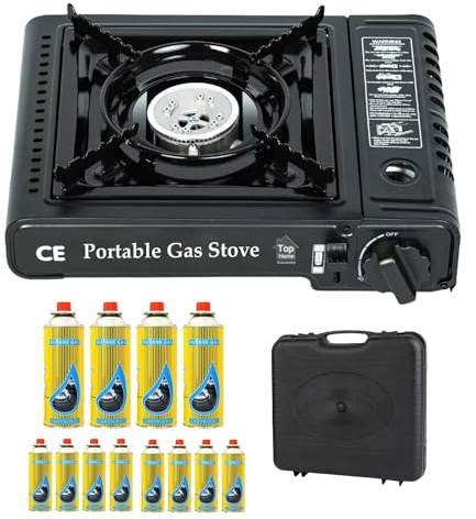Top Home Solutions® Camping Stove - Portable Gas Stove Black With Carry Case & 12 Butane Gas Canisters, Heat Control, EN417 Compliant, Auto Ignition, Camping Cooker for Picnic, Garden & Outdoor