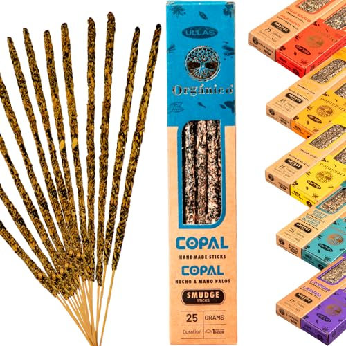 Incienso Copal Natural Ullas – 8 a 10 Varillas artesanales sin tóxicos – Incienso orgánico de Larga duración (60 min) – Caja Individual 25g – Mejora el Estado de ánimo